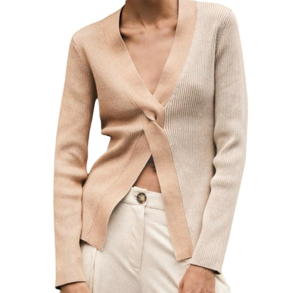 NAADAM Womens XS Colorblock Twisted Ribbed Cotton Cashmere V-Neck Sweater Tan